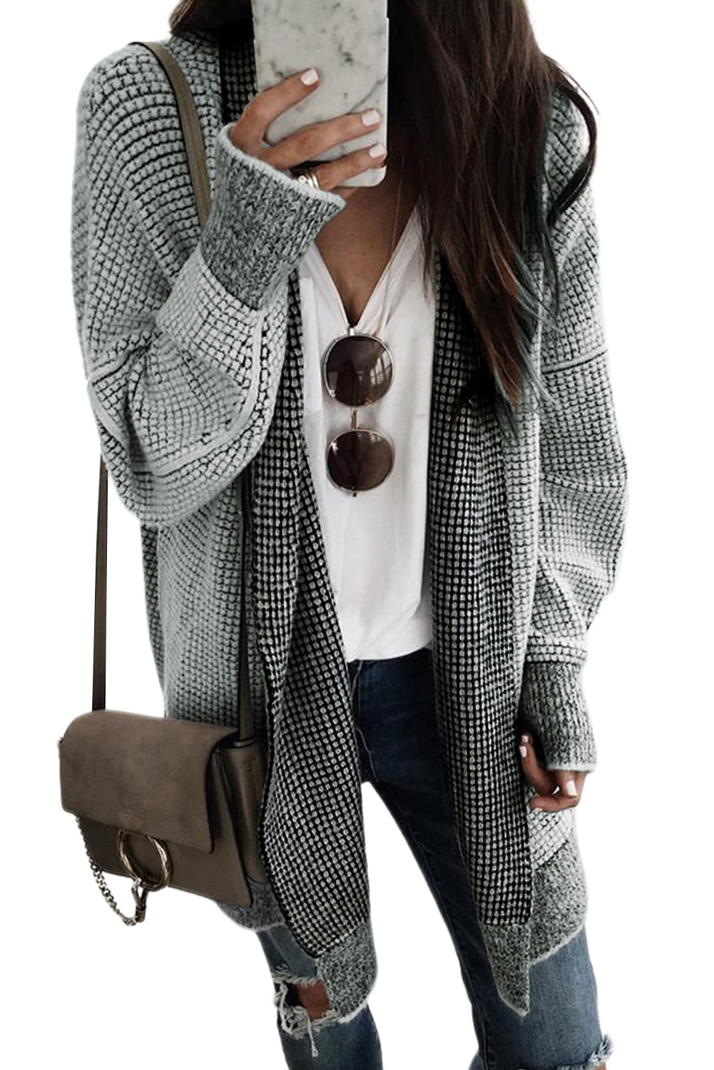 Pink Plaid Contrast Trim Casual Knit Long Cardigan 