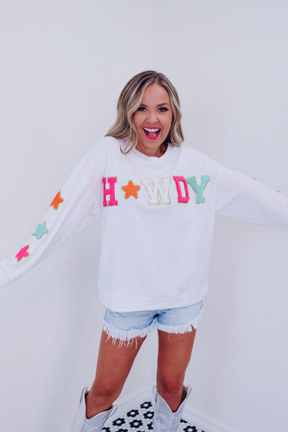 White Glitter Howdy Patch Casual Star Sweatshirt - Vesteeto