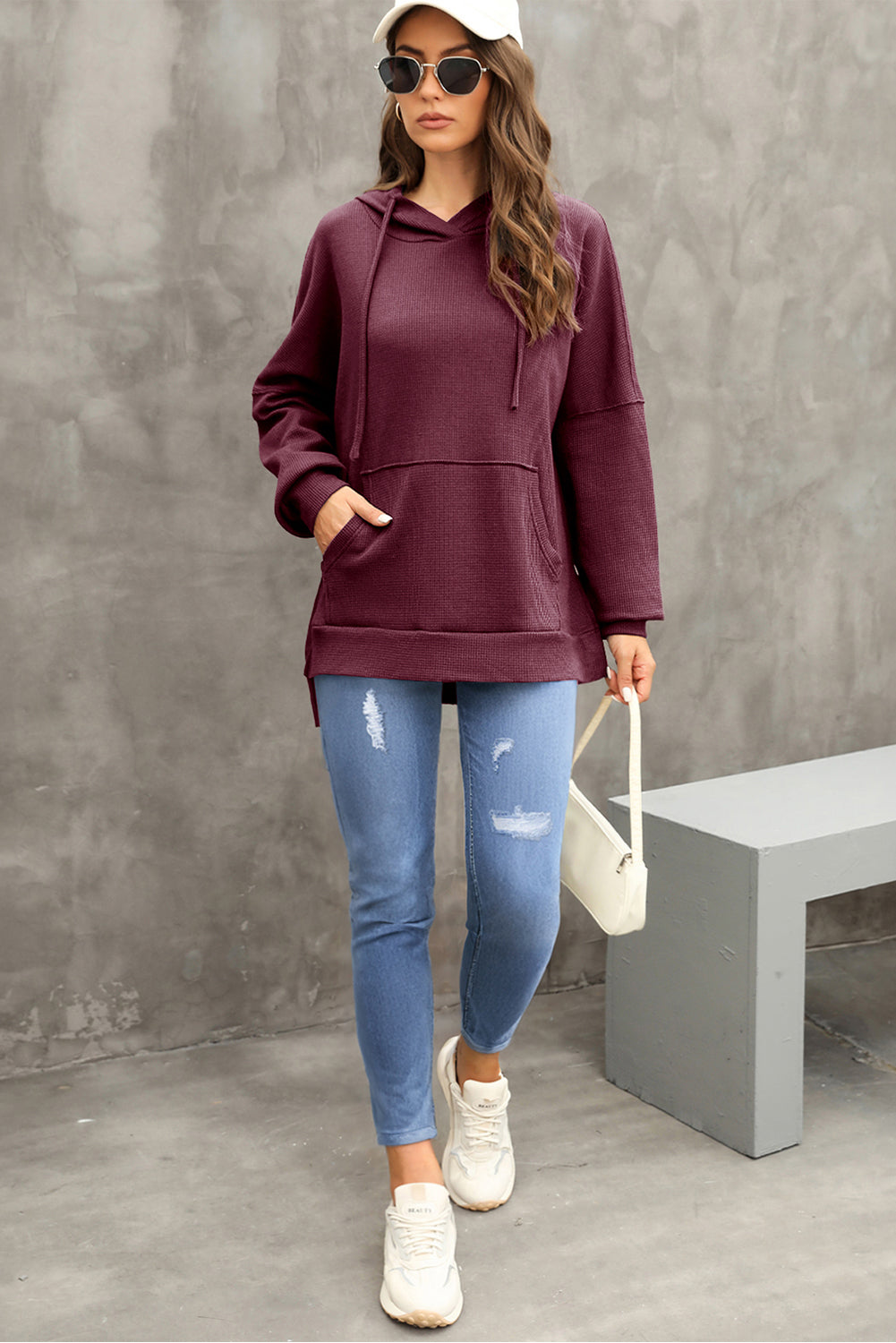 Coffee Waffle Knit High Low Oversized Hoodie 