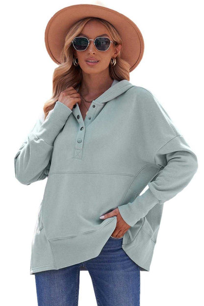 Light Blue Casual Batwing Sleeve Pocket Henley Hoodie 