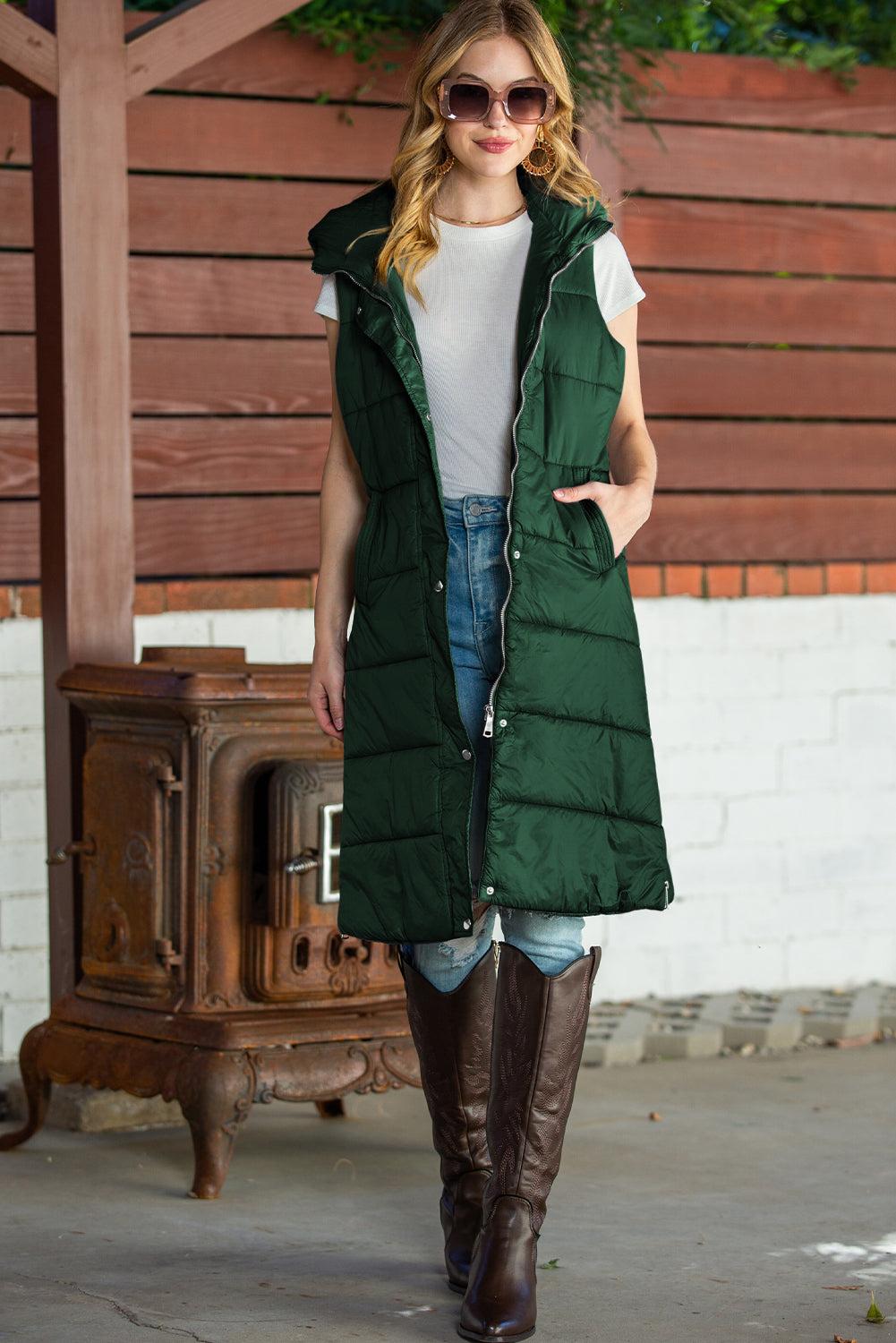 Dark Grey Hooded Pocketed Quilted Long Vest Coat 