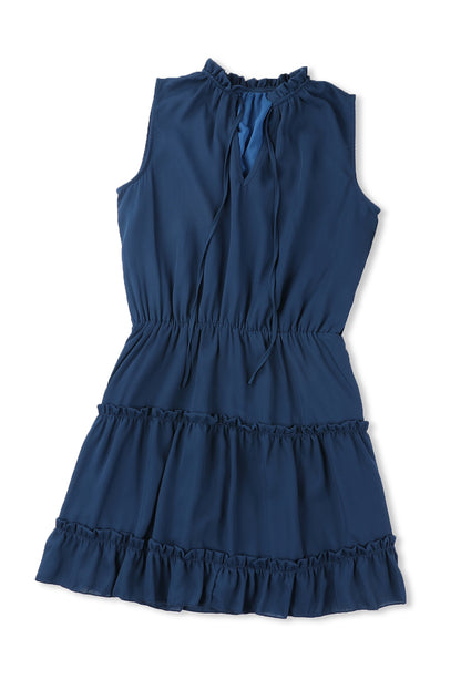 Blue Reversible Frill V Neck Sleeveless Swing Mini Dress 