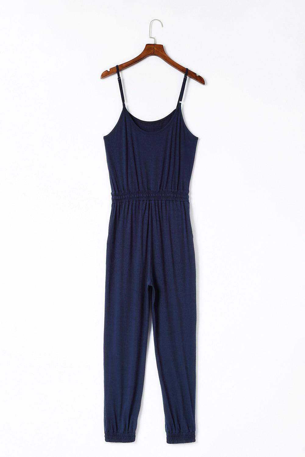 Dark Blue Pockets Drawstring Waist Spaghetti Strap Jumpsuit - Vesteeto