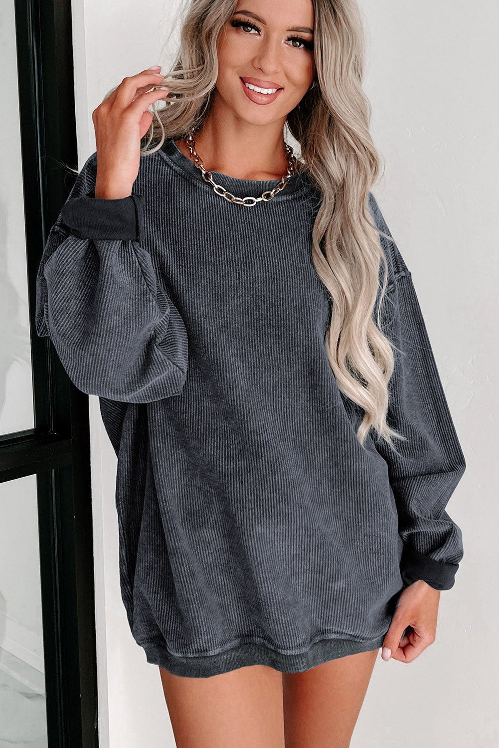 Pink Solid Ribbed Round Neck Pullover Sweatshirt 