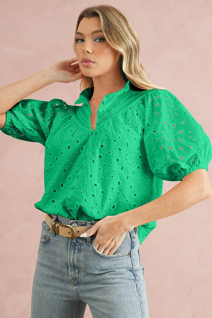 Green Flower Hollow-out Short Puff Sleeve Blouse 