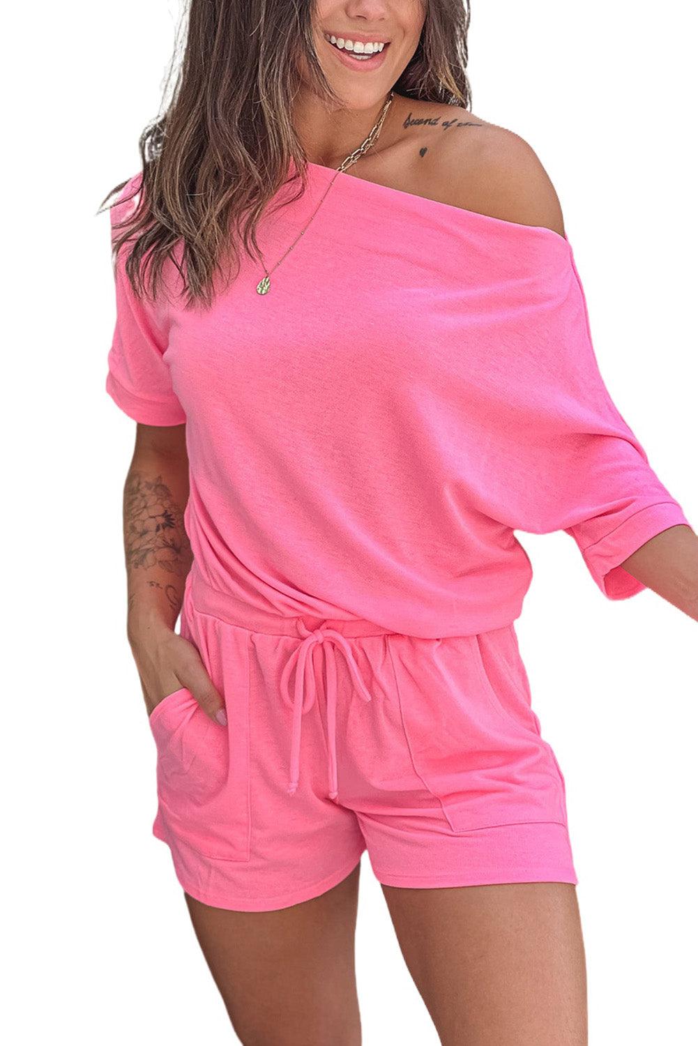 Pink Asymmetrical Short Sleeves Drawstring Pocket Romper - Vesteeto