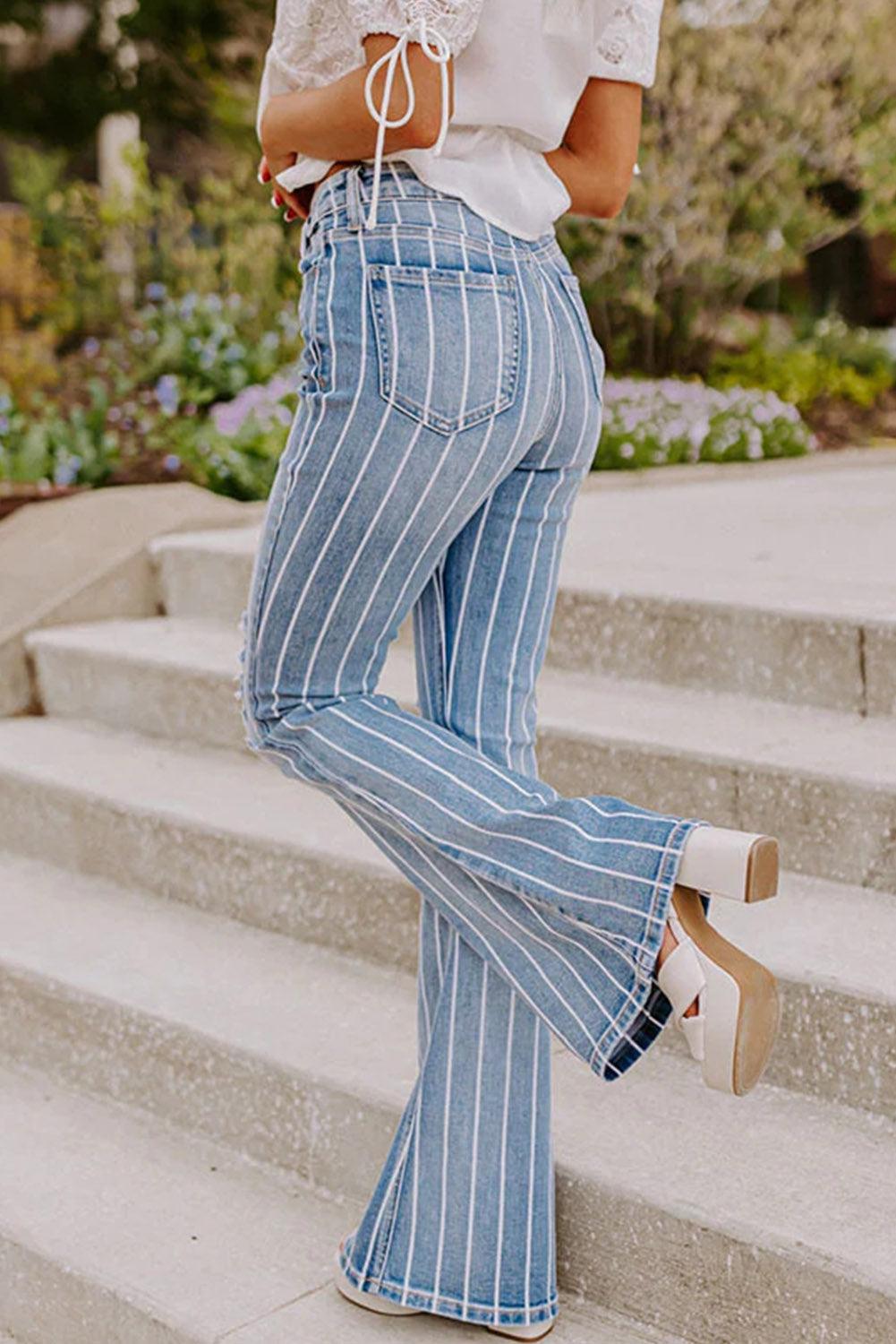 Sky Blue Vertical Striped Ripped Flare Jeans - Vesteeto