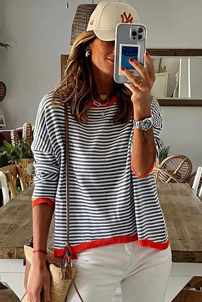 Striped Colorblock Trim Knit Pullover Sweater 