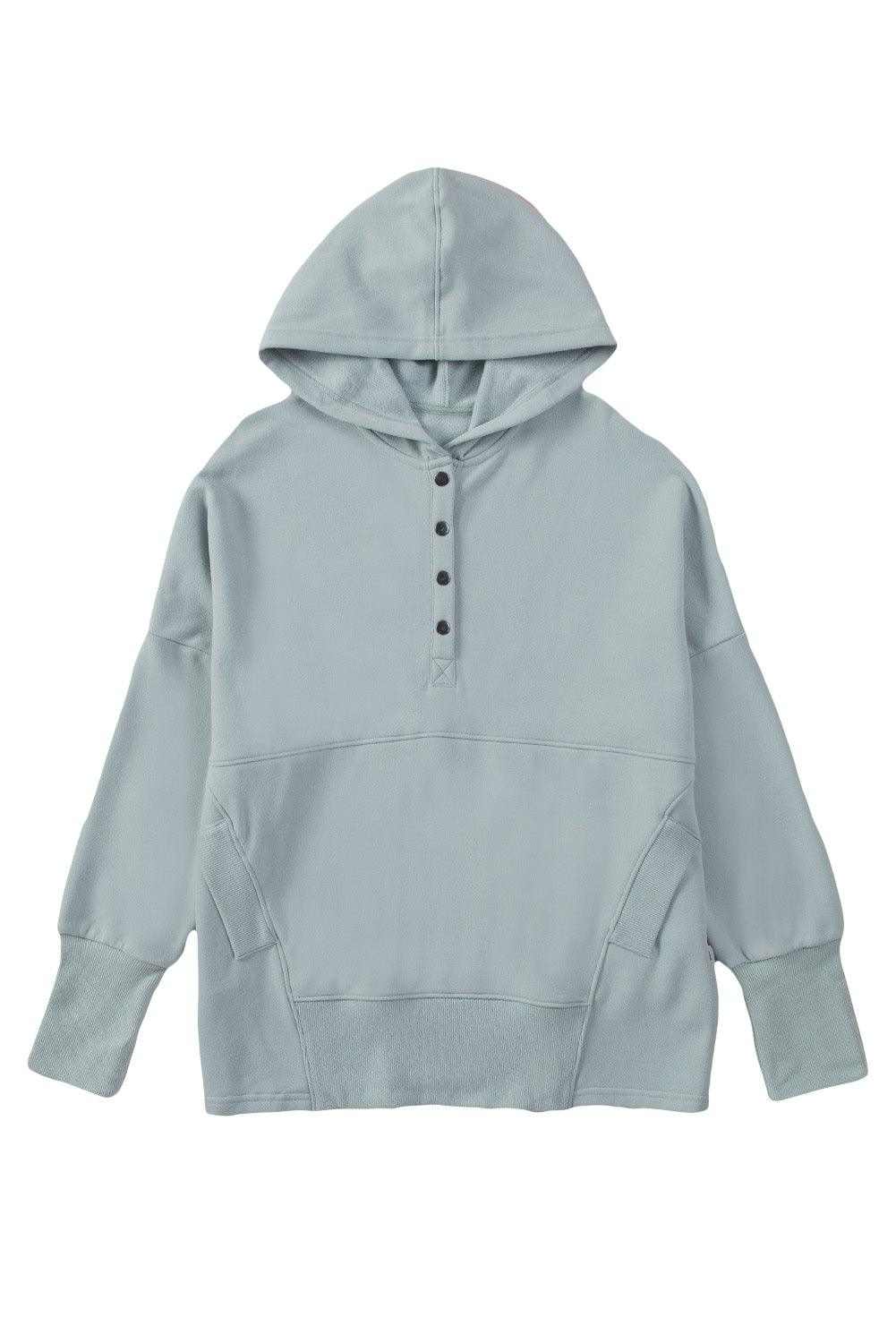 Light Blue Casual Batwing Sleeve Pocket Henley Hoodie 