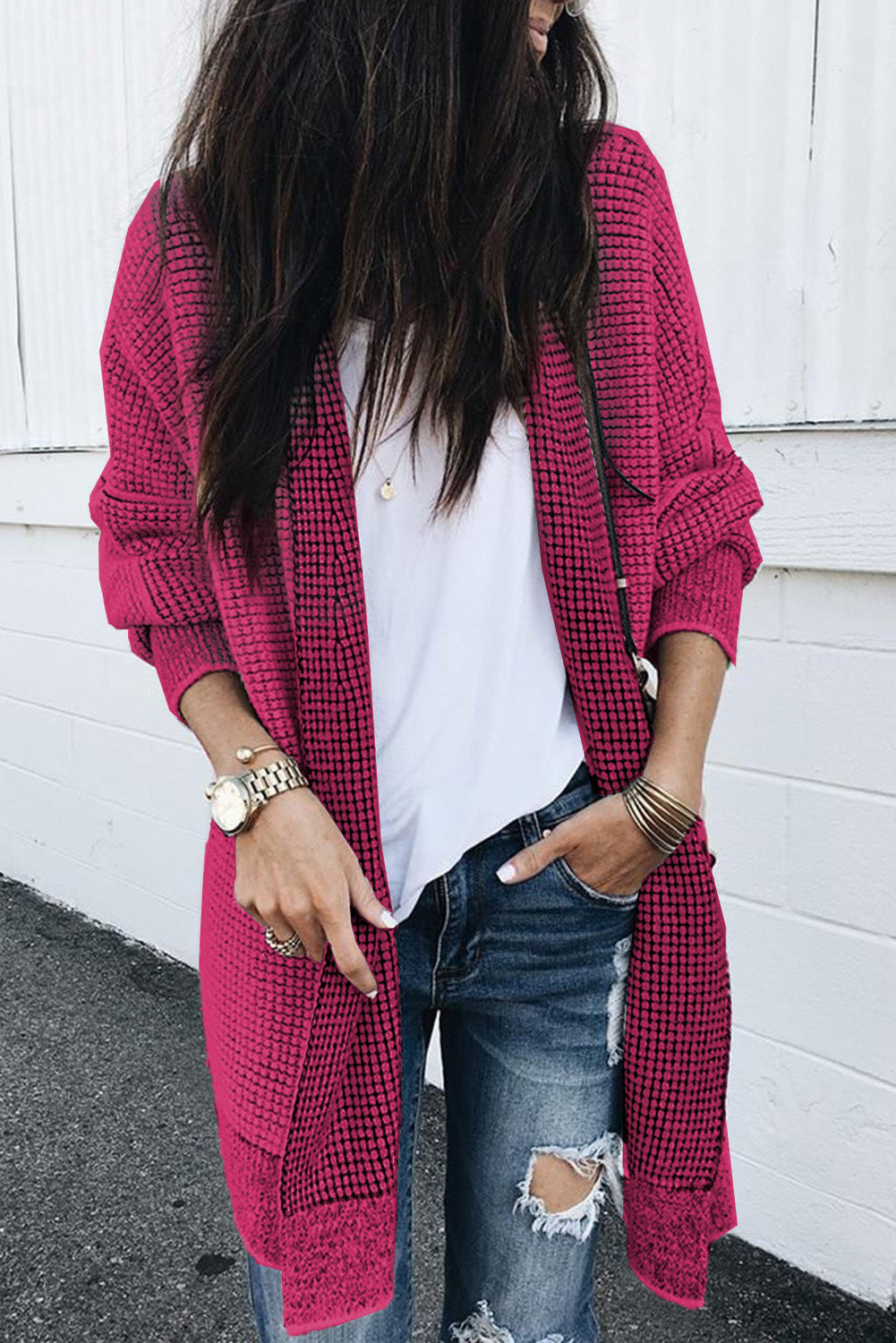 Pink Plaid Contrast Trim Casual Knit Long Cardigan 