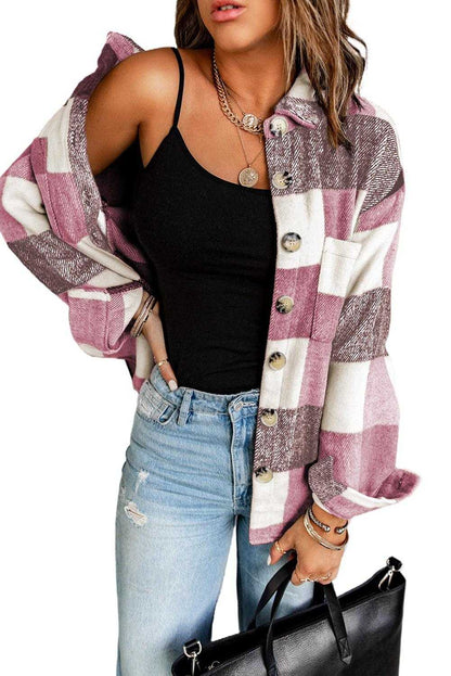 Plaid Color Block Buttoned Pocket Long Sleeve Shacket 