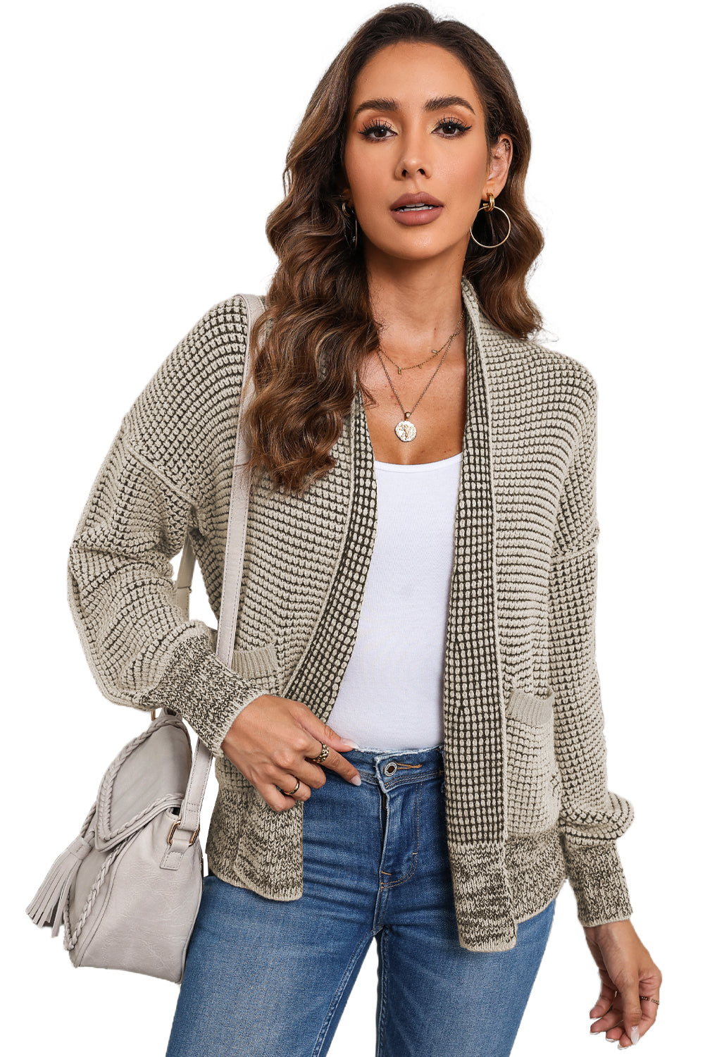 Brown Chunky Knit Pocketed Drop Sleeve Cardigan 