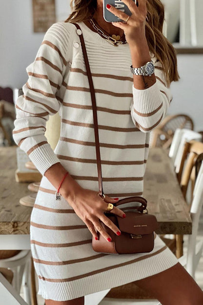 Stripe Button Ribbed Detail Short Sweater Dress - Vesteeto
