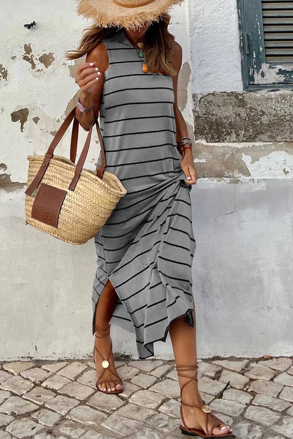 Khaki Striped Backless Casual Side Slits Maxi Dress