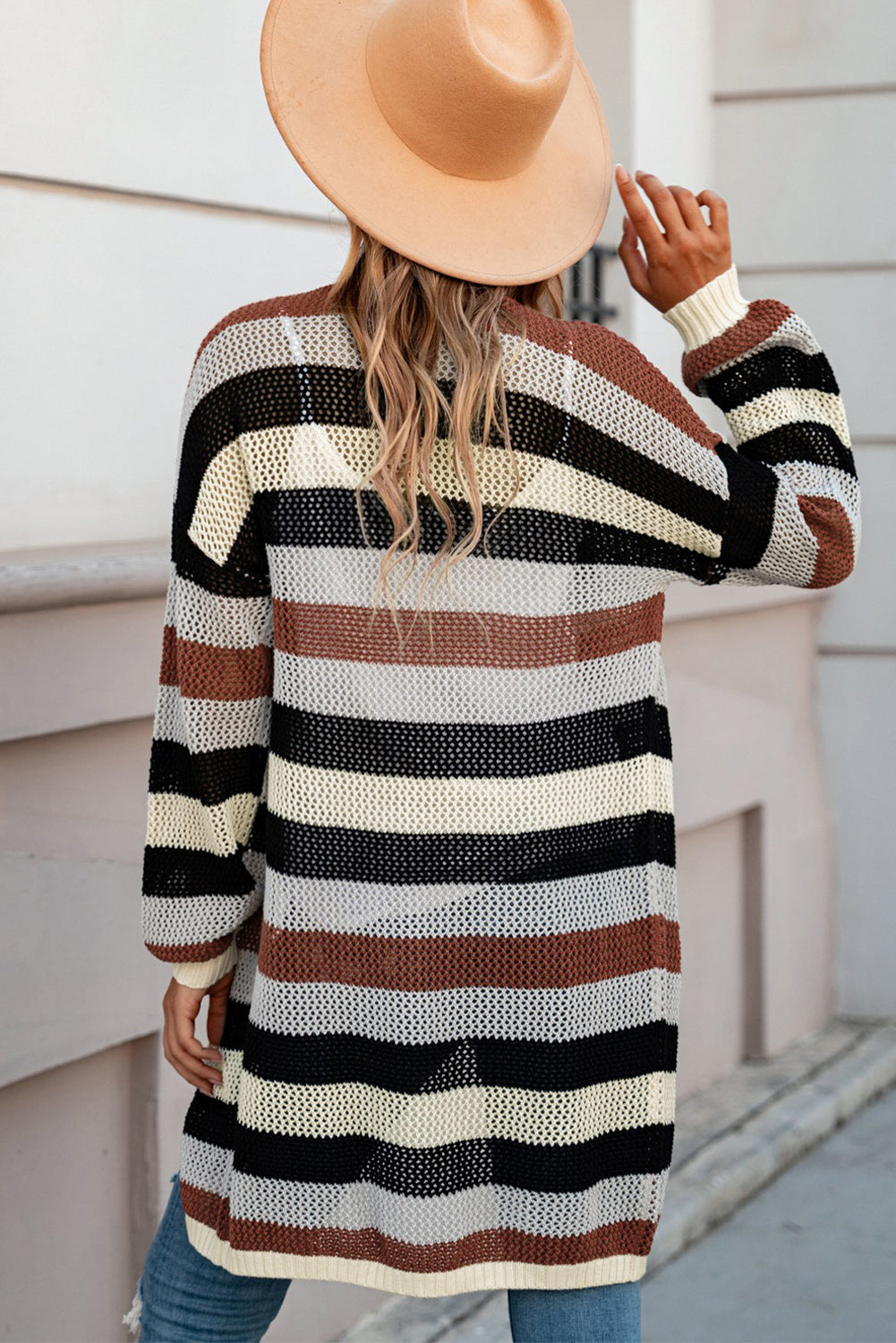 Green Striped Color Block Casual Cutout Knit Cardigan 