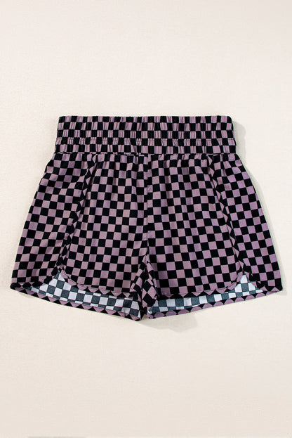 Pink Plaid Print High Waisted Athletic Shorts 