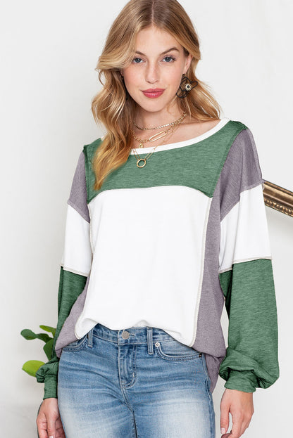 Khaki Color Block Exposed Seam Long Sleeve T Shirt