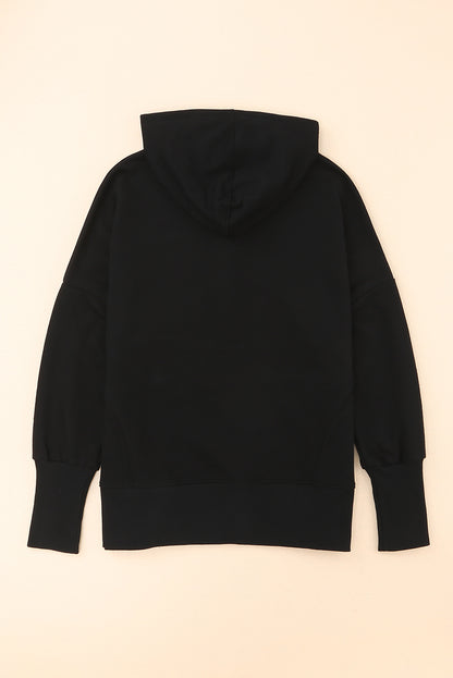 Black Casual Pocketed Batwing Sleeve Henley Hoodie 