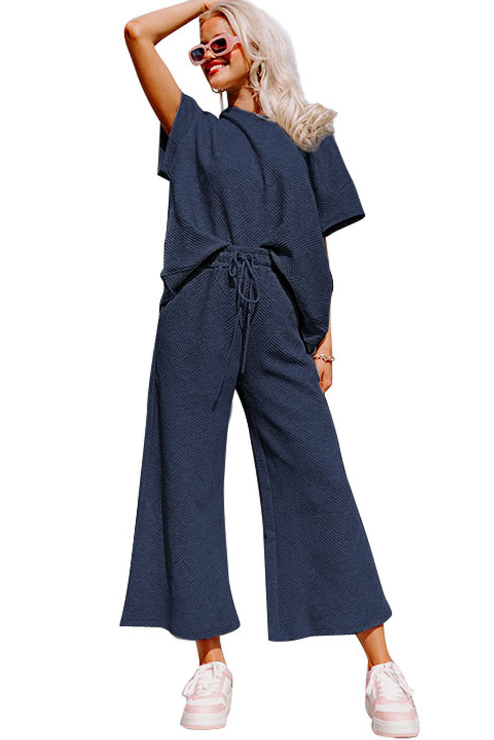 Navy Blue Textured Loose Fit T Shirt and Drawstring Pants Set 