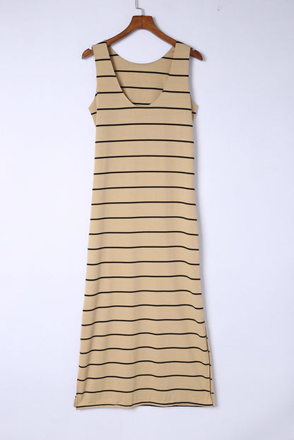 Khaki Striped Backless Casual Side Slits Maxi Dress