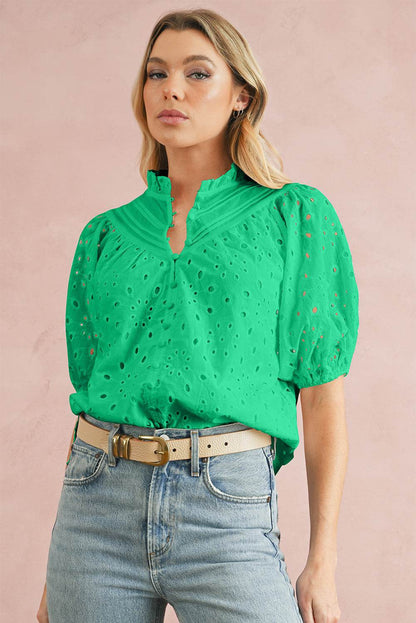 Green Flower Hollow-out Short Puff Sleeve Blouse 