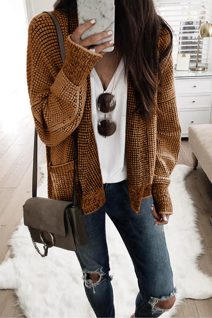 Brown Chunky Knit Pocketed Drop Sleeve Cardigan 