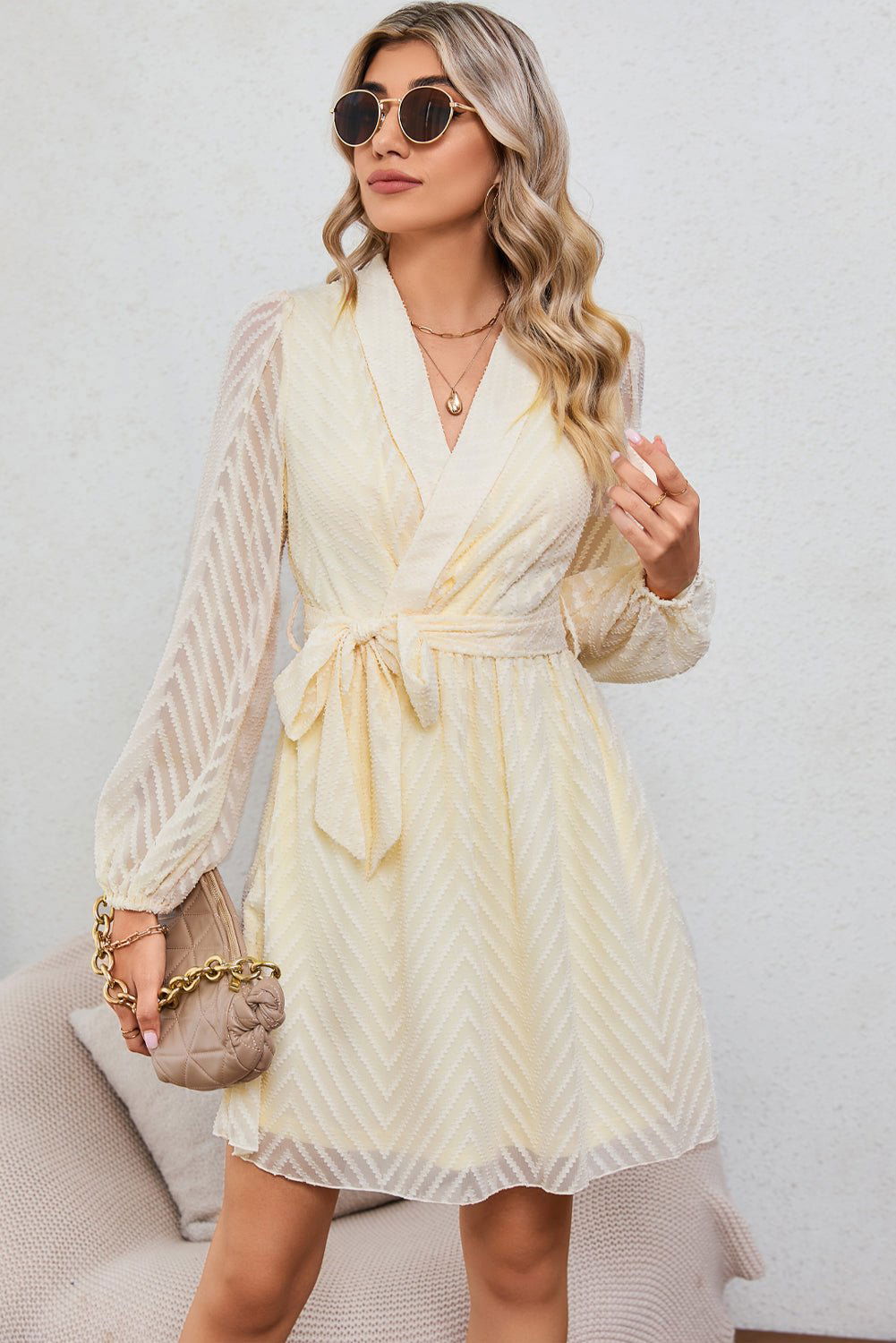 Apricot Textured Wrap V Neck Waist Belted Long Sleeve Dress 