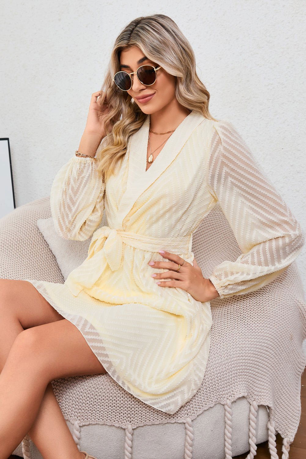 Apricot Textured Wrap V Neck Waist Belted Long Sleeve Dress 