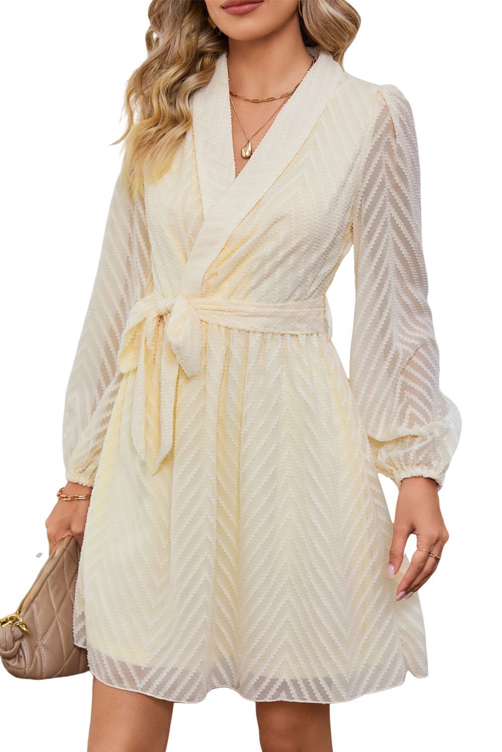 Apricot Textured Wrap V Neck Waist Belted Long Sleeve Dress 