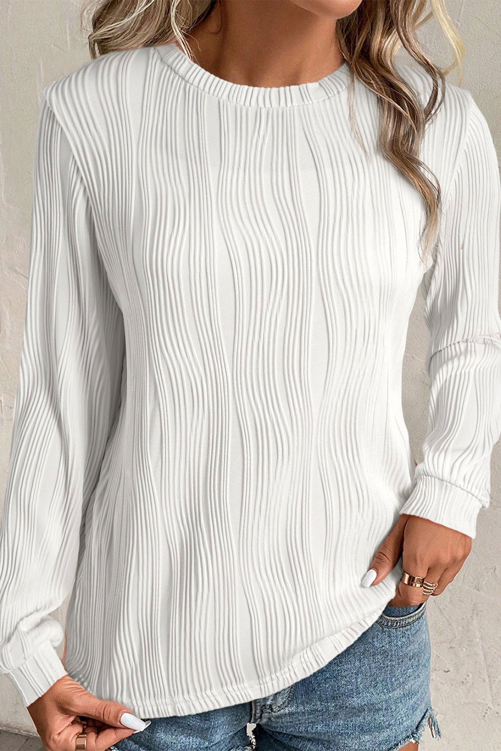 Apricot Wavy Textured Solid Color Drop Shoulder Pullover Top - Vesteeto