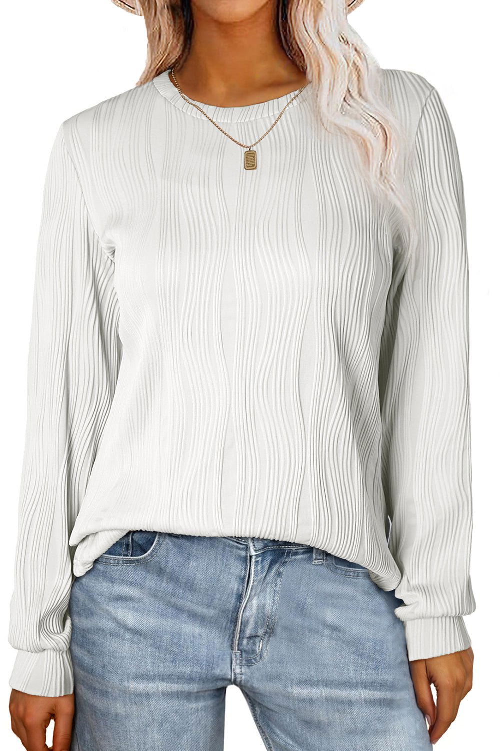 Apricot Wavy Textured Solid Color Drop Shoulder Pullover Top - Vesteeto