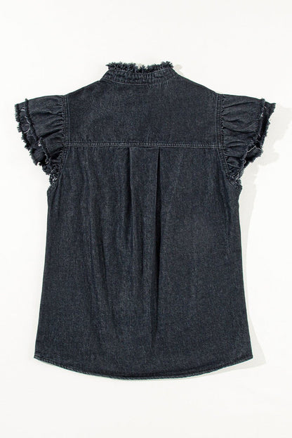 Ashleigh Blue Button Front Ruffled Flutter Frayed Denim Top - Vesteeto