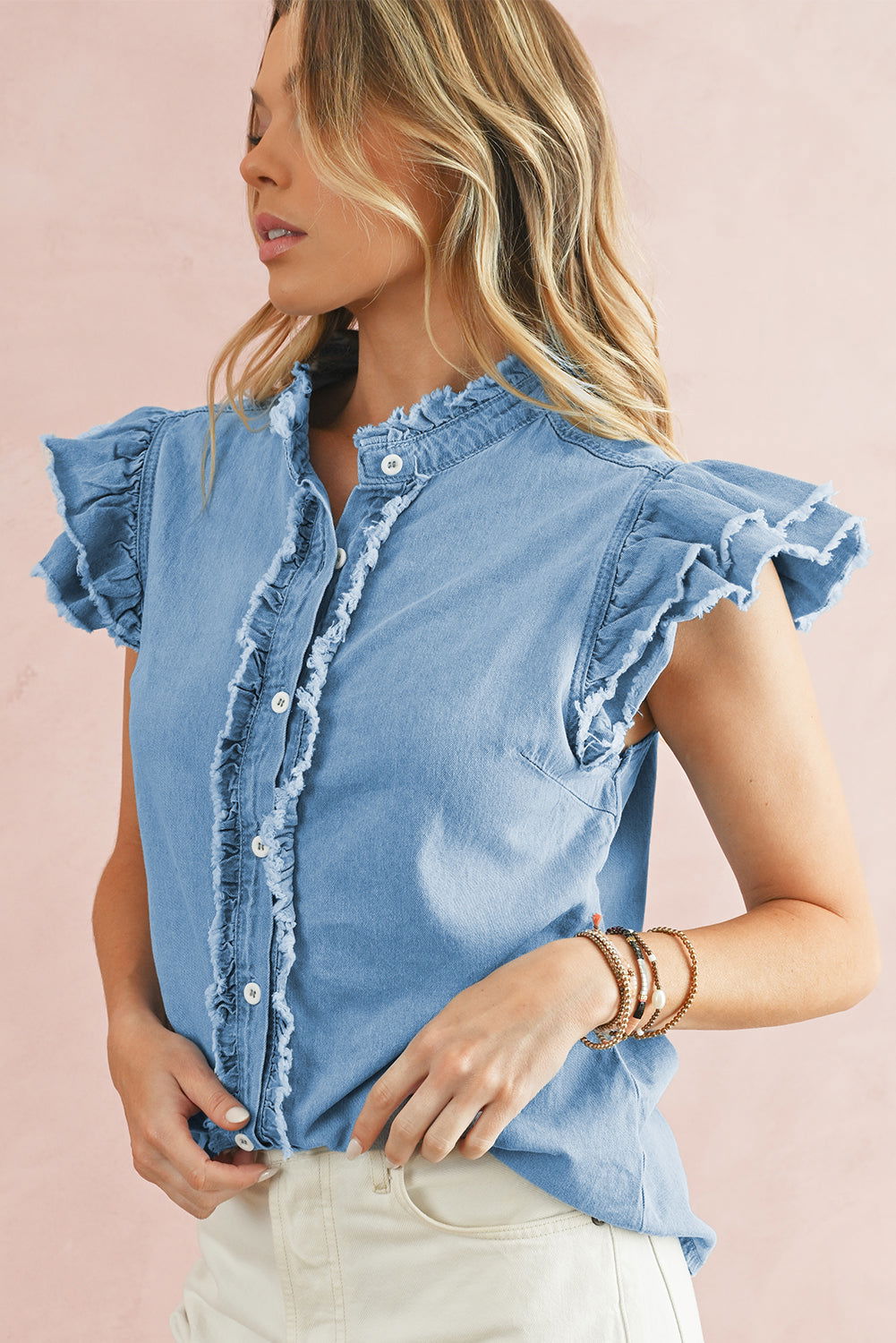 Ashleigh Blue Button Front Ruffled Flutter Frayed Denim Top - Vesteeto