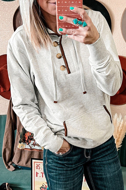 Beige Drawstring Kangaroo Pocket Henley Hoodie 