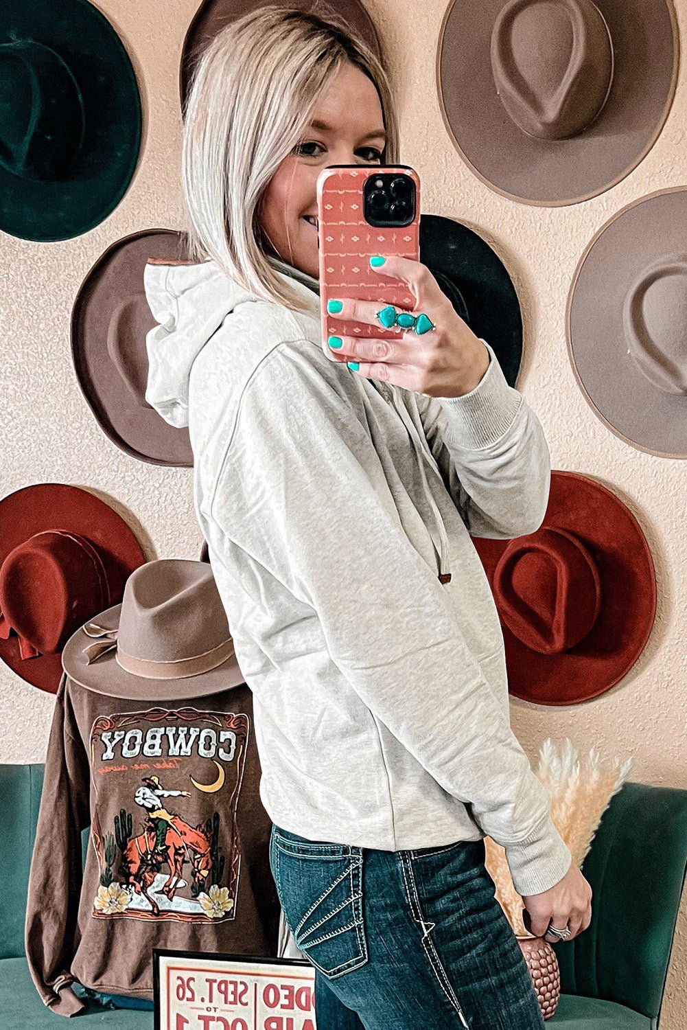 Beige Drawstring Kangaroo Pocket Henley Hoodie 