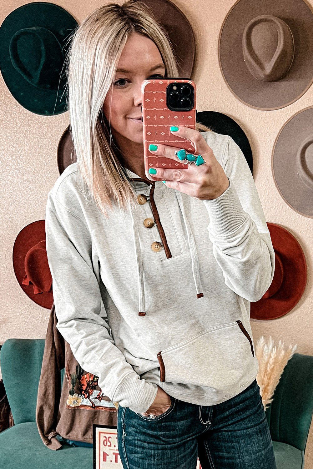 Beige Drawstring Kangaroo Pocket Henley Hoodie 