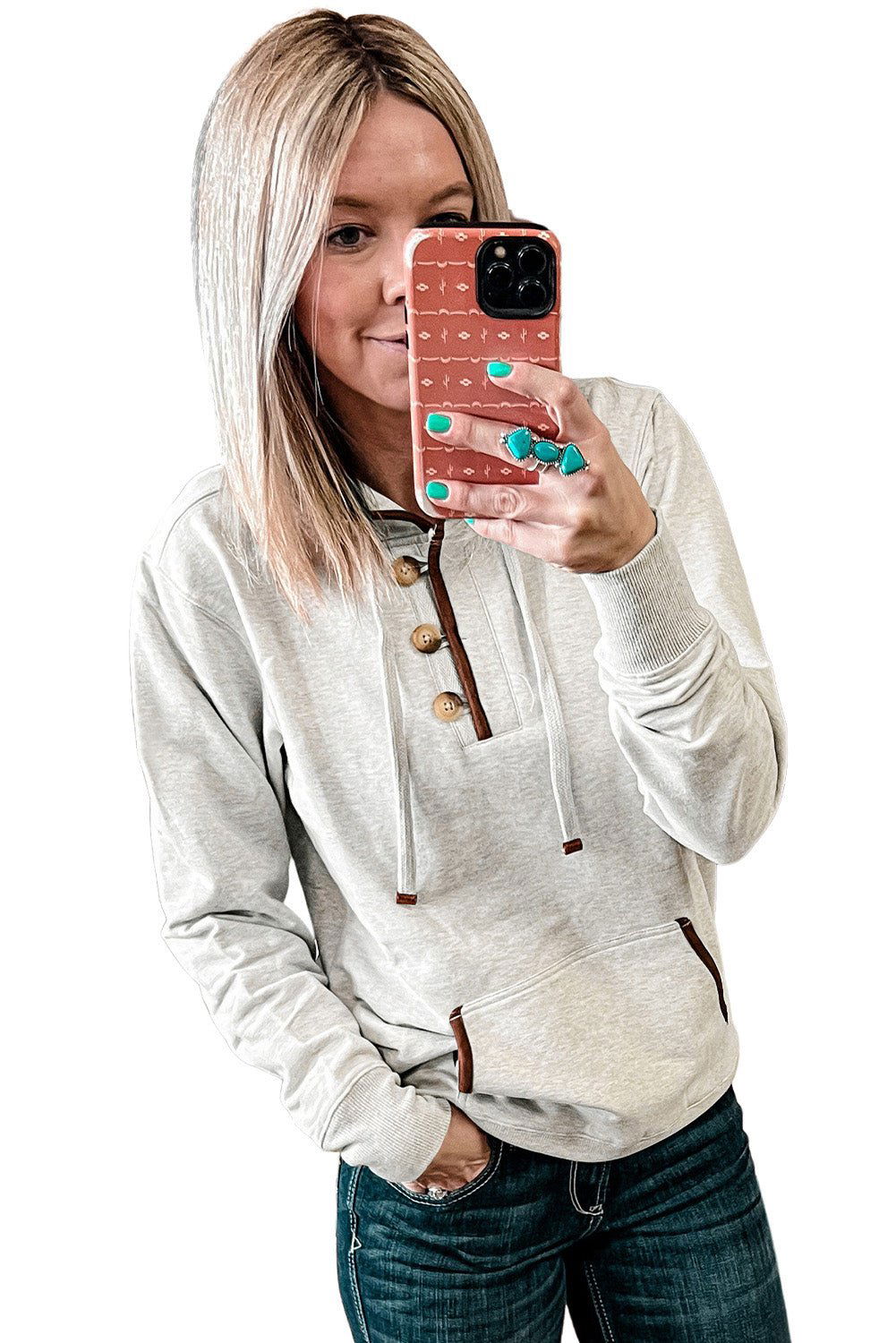 Beige Drawstring Kangaroo Pocket Henley Hoodie 