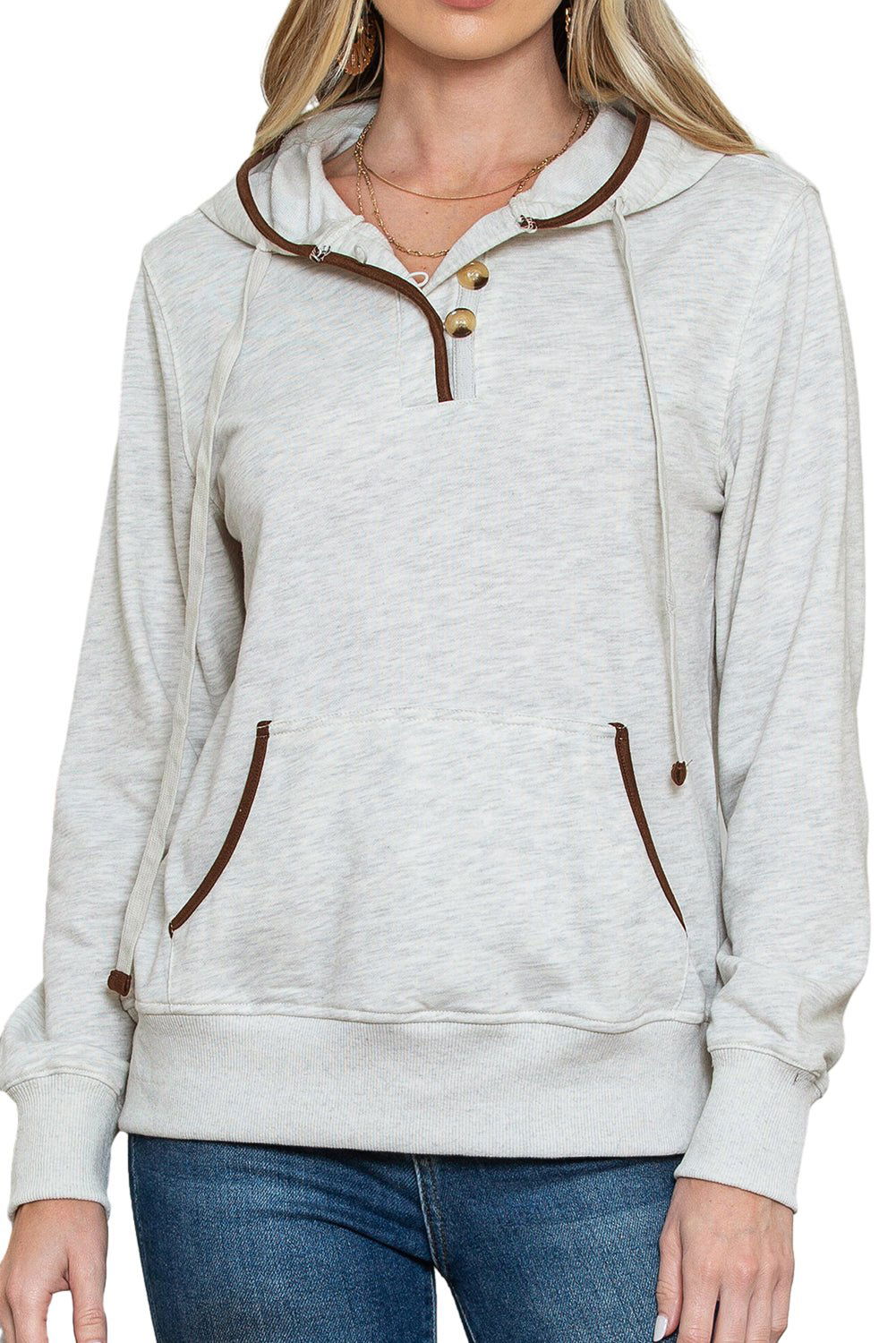 Beige Drawstring Kangaroo Pocket Henley Hoodie 