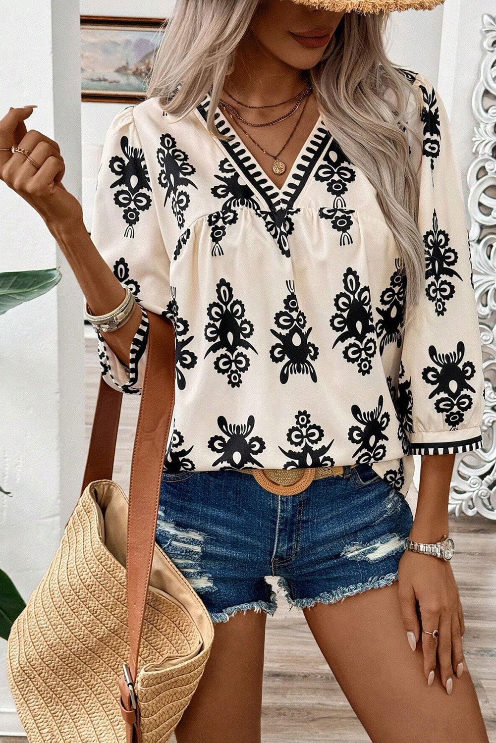 Beige Ethnic Abstract Print Puff Sleeve V Neck Blouse 