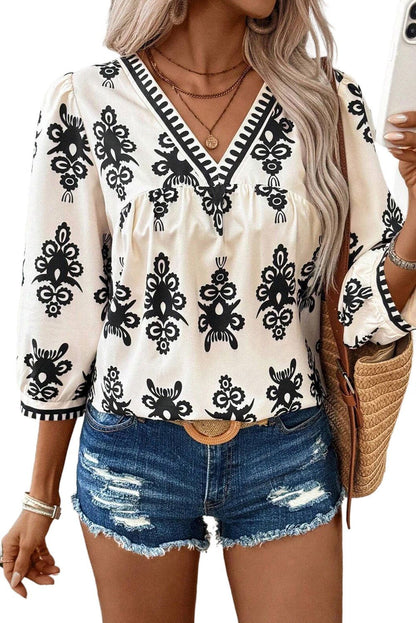 Beige Ethnic Abstract Print Puff Sleeve V Neck Blouse 