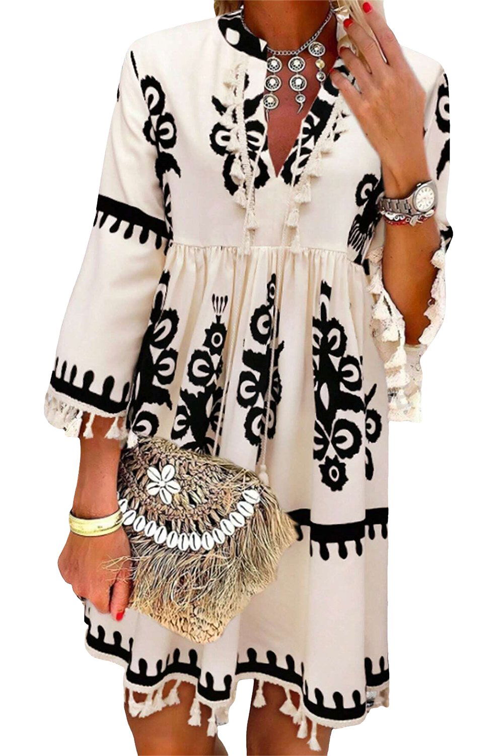 Beige Ethnic Print Notch V Neck Fringe Mini Dress 