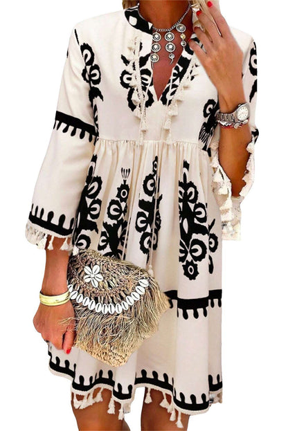 Beige Ethnic Print Notch V Neck Fringe Mini Dress 