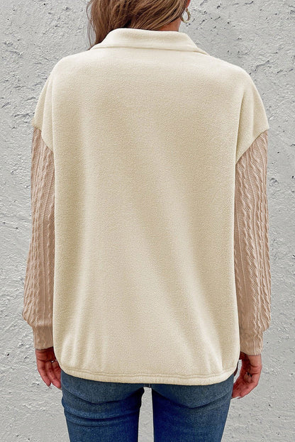 Beige Half Zip Textured Sleeve Drop Shoulder Sweatshirt 