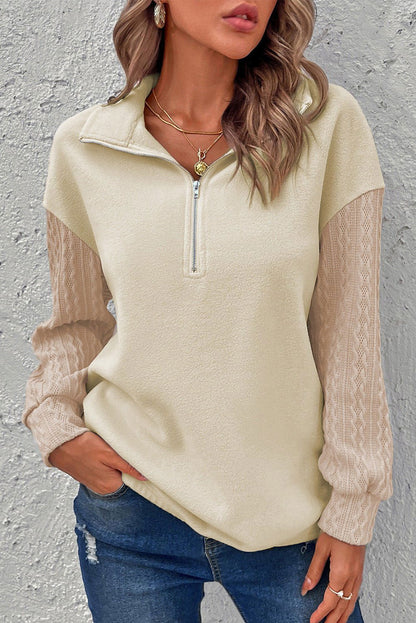 Beige Half Zip Textured Sleeve Drop Shoulder Sweatshirt 