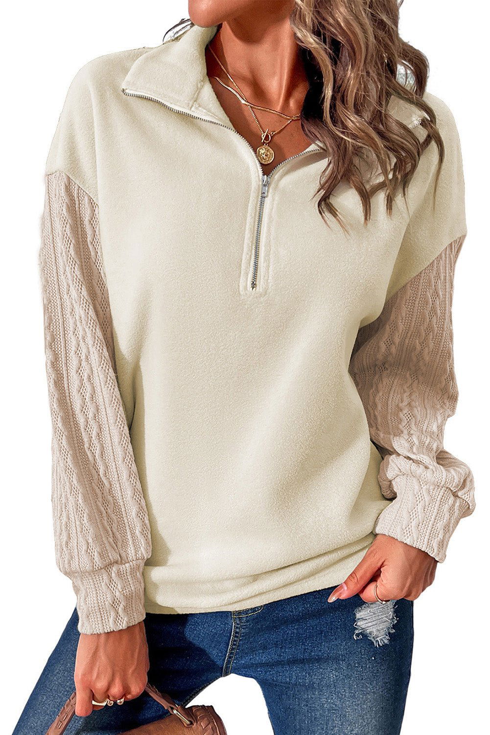 Beige Half Zip Textured Sleeve Drop Shoulder Sweatshirt 