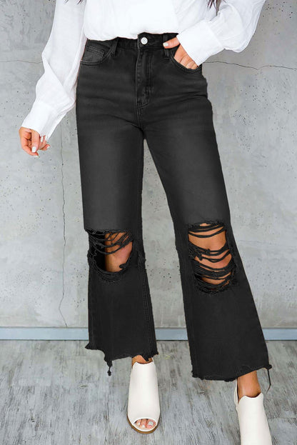 Black Distressed Hollow Out High Waist Flare Jeans 