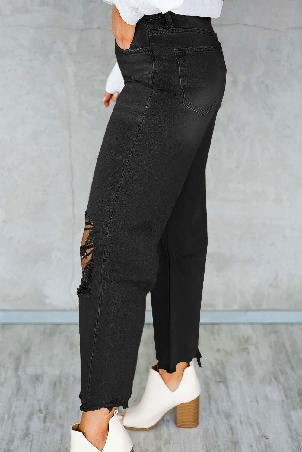 Black Distressed Hollow Out High Waist Flare Jeans 