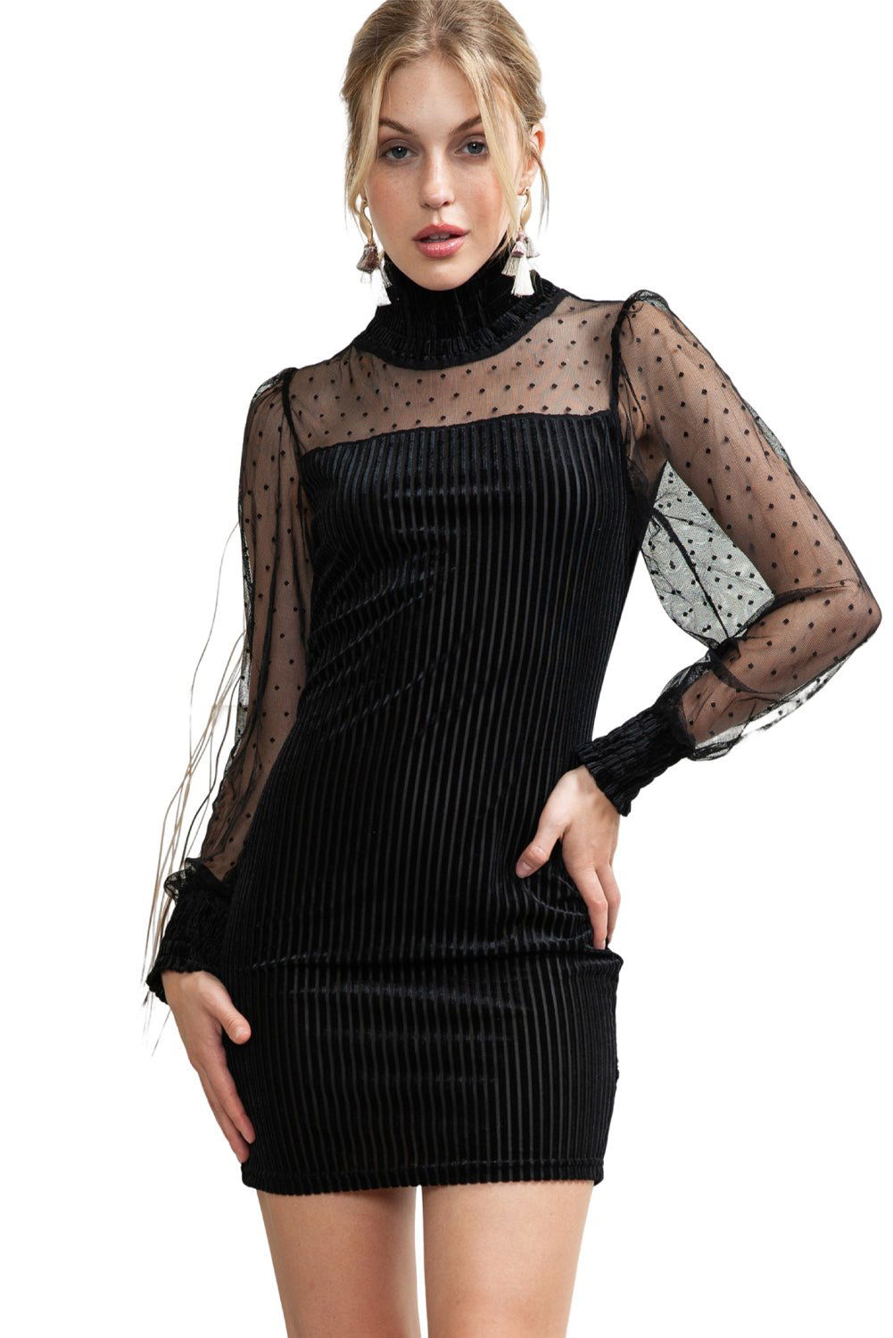 Black Dotted Mesh Striped Frilled Neck Bubble Sleeve Dress 