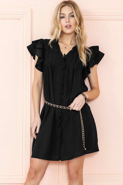 Black Ruffle Sleeve V Neck Frilled Shift Dress - Cute Sexy Chic Style - Vesteeto