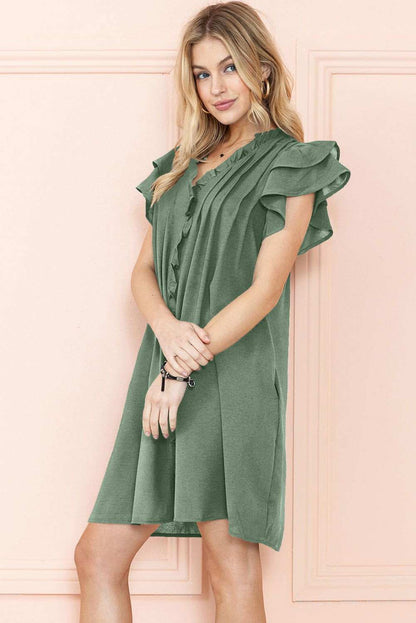 Black Ruffle Sleeve V Neck Frilled Shift Dress - Cute Sexy Chic Style - Vesteeto